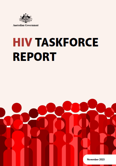 The front cover of the HIV Taskforce Report. In the foreground are drawings of unidentified people in shades of red. The Australian Government logo is in the top left corner.